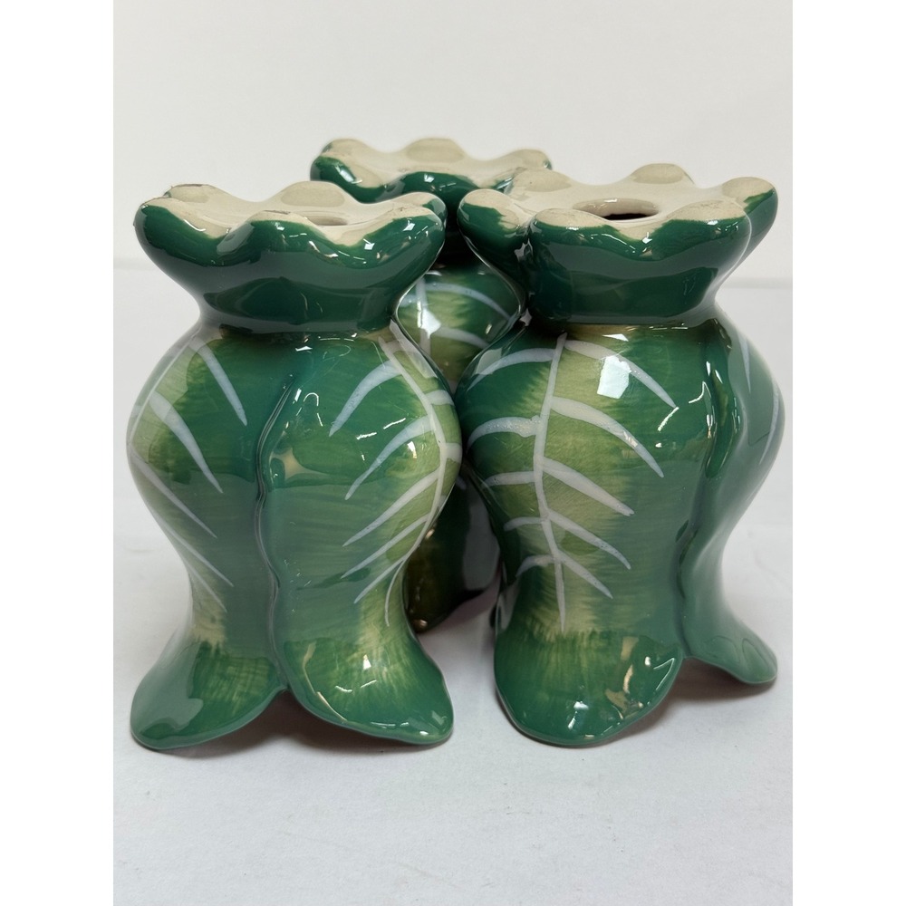 Green Cabbage Leaf Ceramic Taper Candle Holder Set of 3‎ - Picture 7 of 13